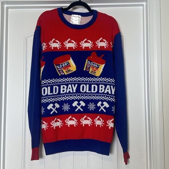 Route One “Old Bay” Crawfish Ugly Sweater Adult Sz Large Cajun Christmas Red Blu - Picture 1 of 8
